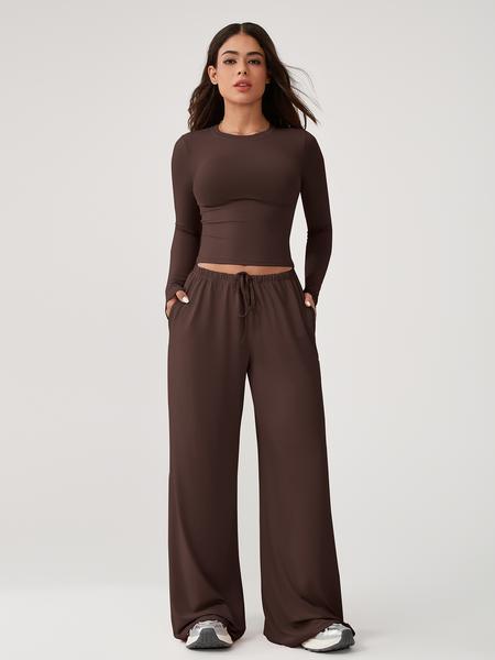 Two Piece Set Women's Home Clothing Set Soft and Skin Friendly Long Sleeved T-shirt Loose and Wide Leg Pants with Adjustable Drawstring Daily Leisure Travel Airport Travel Home Wear Women's Pajamas Set, Womenswear