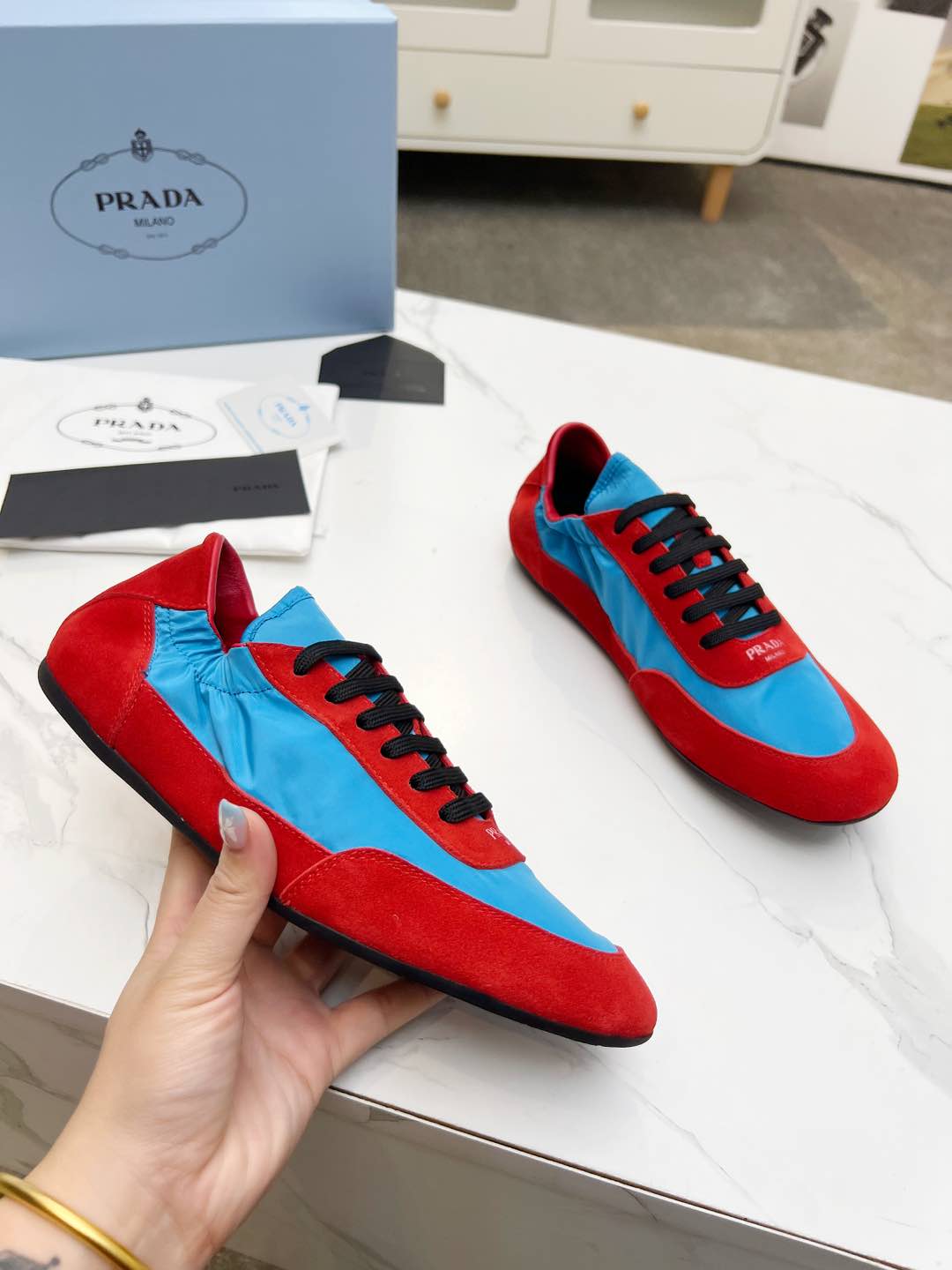 COLLAPSE SNEAKERS IN RED SUEDE AND SKY BLUE NYLON、mysite、Cacoeks