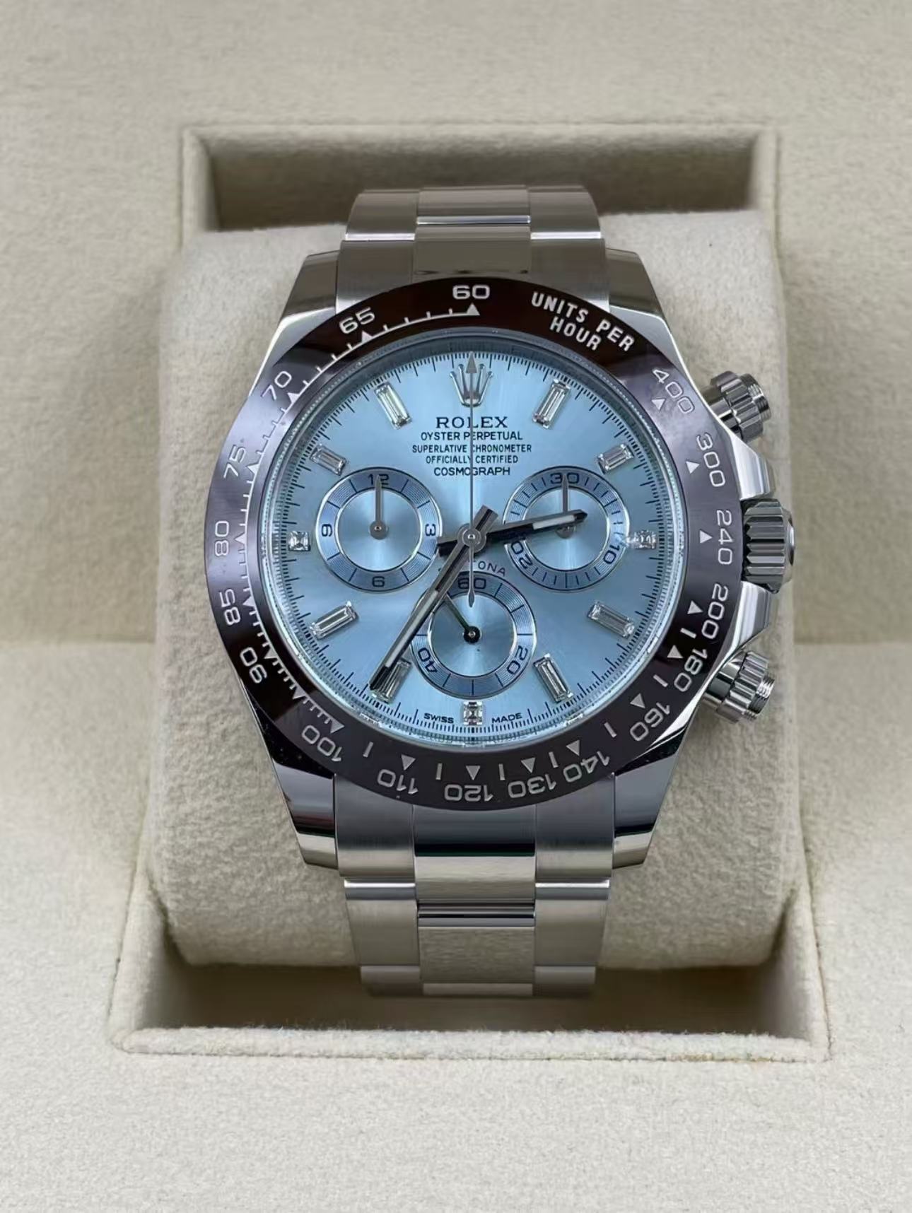 Rolex Daytona lce BlueDial with Baguette Diamonds Super CloneSwiss Replica Watch Ref116506 4130 Swiss Movement