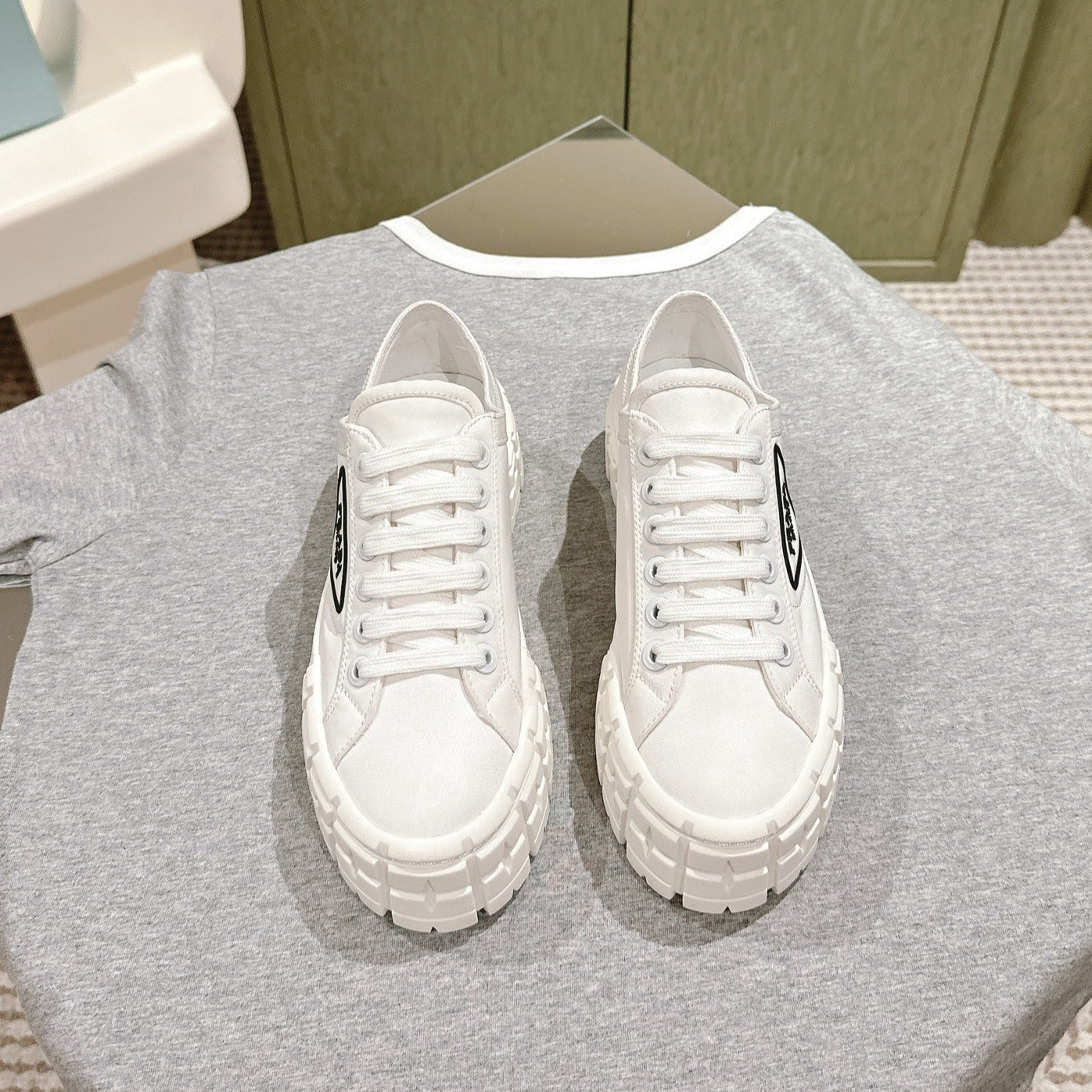 PRA DOUBLE WHEEL RE-NYLON GABARDINE SNEAKERS WHITE CALFSKIN、mysite、Cacoeks