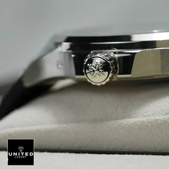 Patek Philippe Dual Time Replica 4 Patek Philippe Stailess Steel Case Replica crown on the logo side view