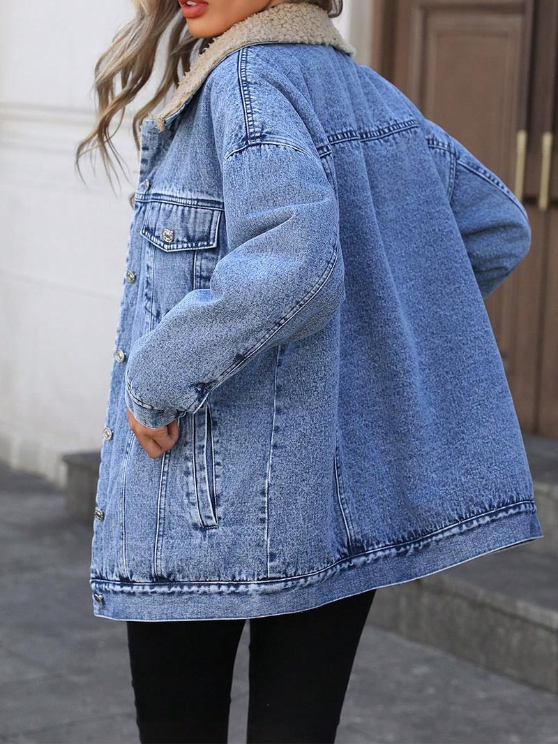 Women's Fall Winter Casual Fashion Jacket, Elegant Solid Color Stand Collar Thickened Warm Denim Coat, Versatile Outerwear for Women