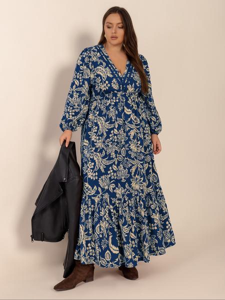 【Plus Size】 All Over Plant Print Ruffle Hem A Line Dress, Casual Bishop Sleeve V Neck Long Sleeve Dress for Fall & Winter, Women's Clothes for Daily Wear