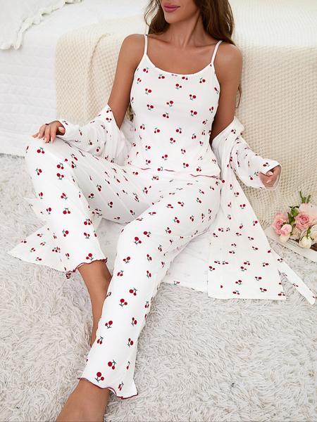 Cherry Print Women's Nightgown Set + Strap Pants, Comfortable Casual Home Wear, All-Season Fitted Sleepwear, Moderate Fabric Cherry Print Women's Nightgown Set + Strap Pants, Comfortable Casual Home Wear, All-Season Fitted Sleepwear, Moderate Fabric