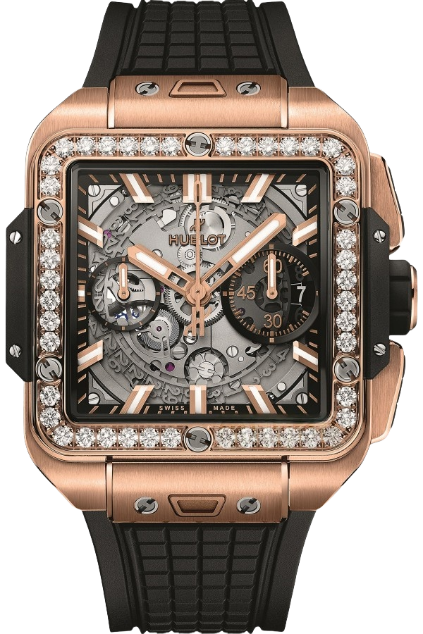 Hublot Square Bang Unico Ref. 821.OX.0180.RX.1204 Super Clone Watch – King Gold Skeleton Dial Rubber Strap Fake Replica