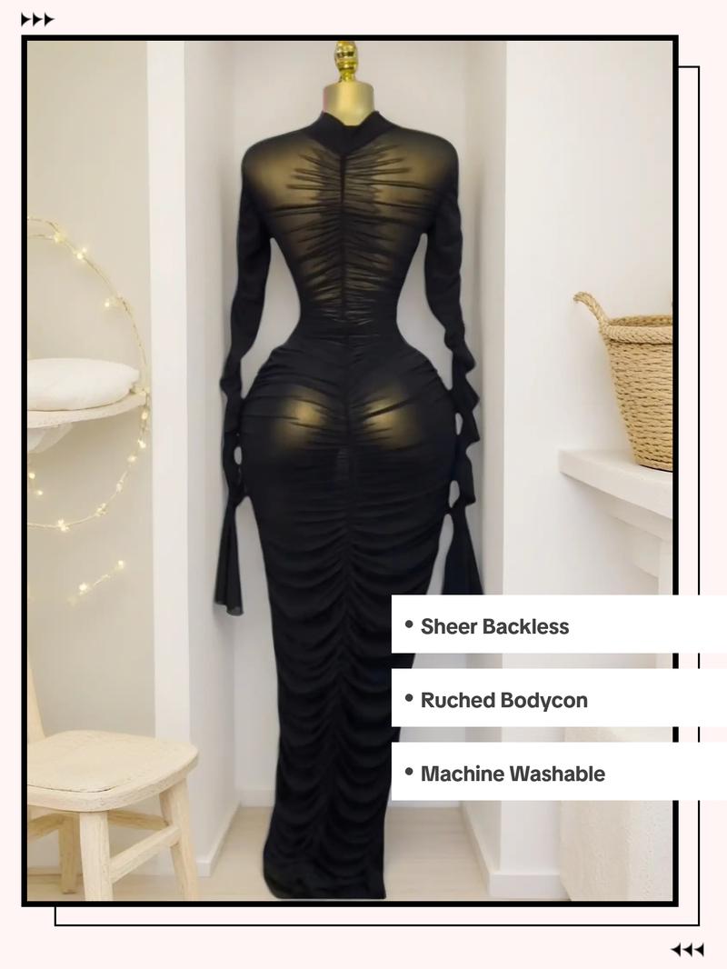 PULKRITU Women's Long Mesh Overlay Bodycon Dress, Sexy Sheer Backless Party Gown, Elegant Sleeveless Evening Wear, Perfect for Birthdays & Events Flare Long Sleeve Stacked Ruched Bodycon Midi Maxi Dresses with Tank Dress 2pcs Set for Ladies, Dressy Long
