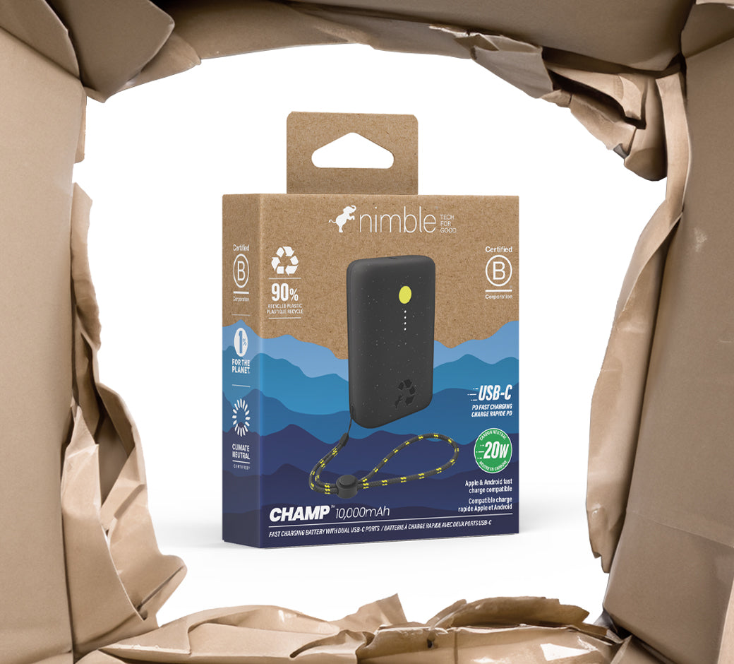Black Nimble charger in eco-friendly packaging.