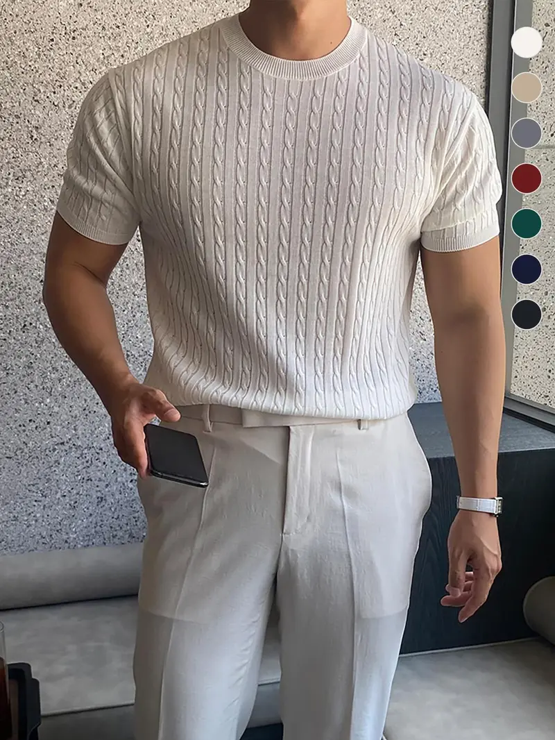 Product Introduction of Summer Clothes Men's Plain Round Neck Cable Knit Shortsleeve Top, Slim Casual Crew Neck Knitwear for Spring & Summer, Menswear for Daily Wear, National Day Clothing 13