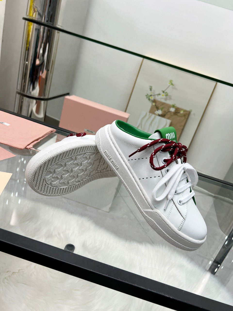 SNEAKER MULES IN WHITE MIX GREEN CALFSKIN WHITE RED LACES、mysite、Cacoeks