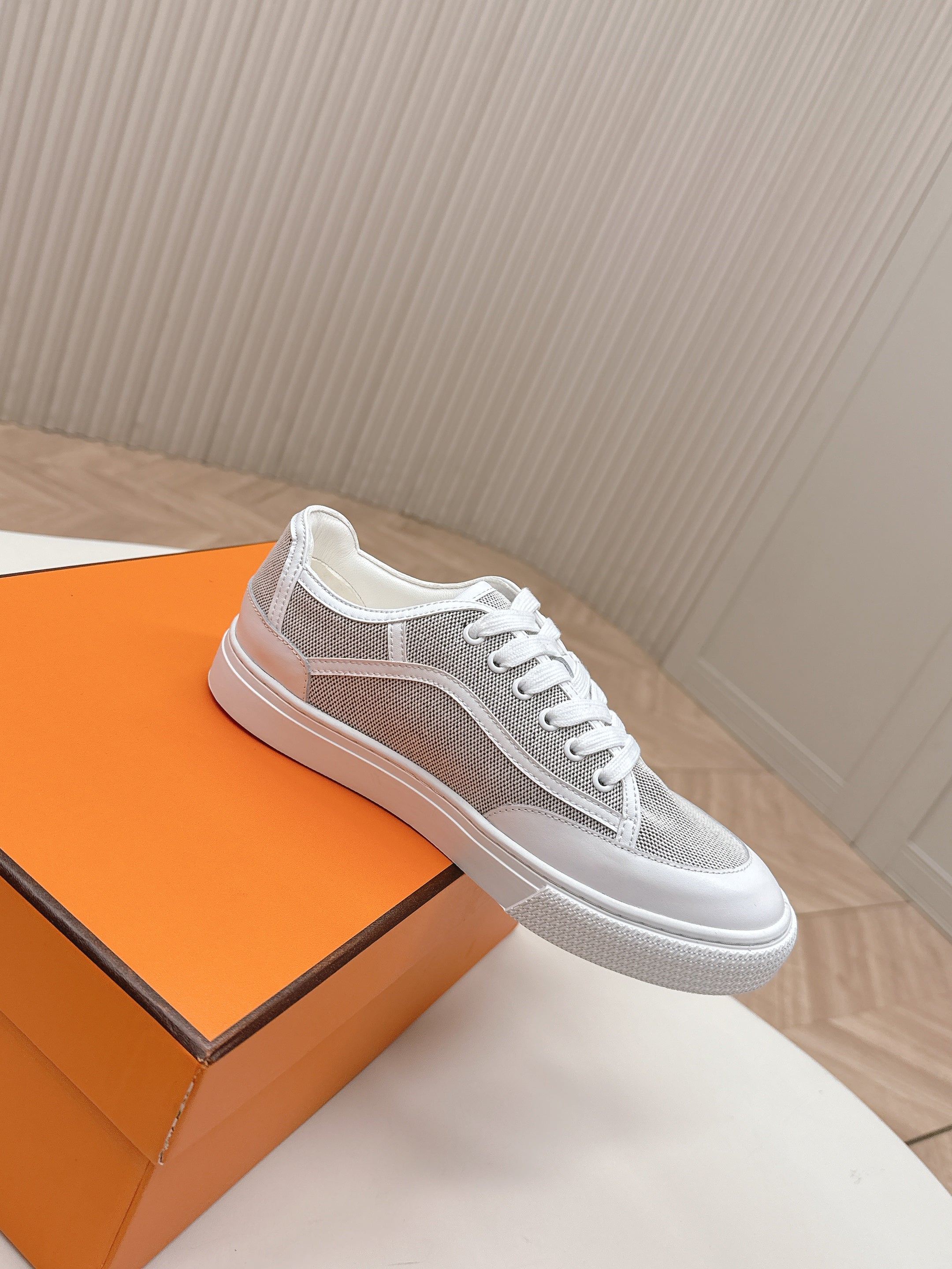 HM 25S SNEAKER LOW SPORTS IN GREY CANVAS MIX WHITE LAMBSKIN、mysite、Cacoeks