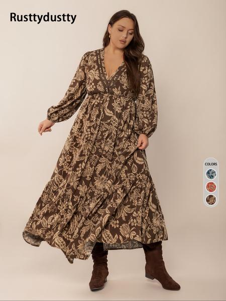 【Plus Size】 All Over Plant Print Ruffle Hem A Line Dress, Casual Bishop Sleeve V Neck Long Sleeve Dress for Fall & Winter, Women's Clothes for Daily Wear