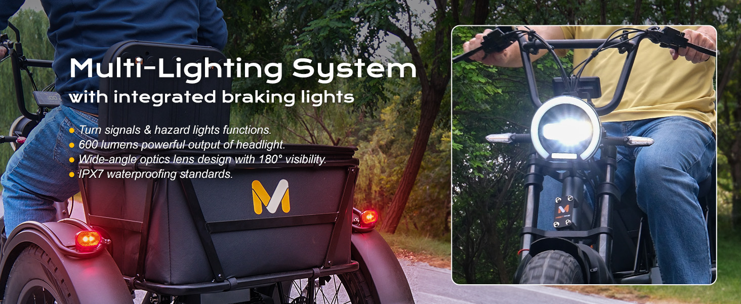 Meetone Tour electric tricycle headlight and taillight, braking lights, turn signles, hazard light