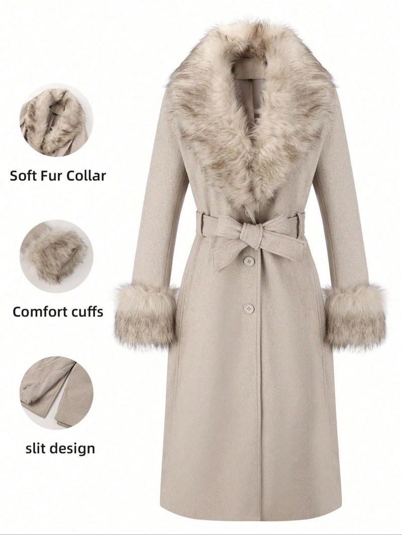 Women's Fall Winter Mid-Length Plain Woolen Coat, Warm Fitted Jacket with Fur Collar, Waist Belt & Pockets, Casual Style