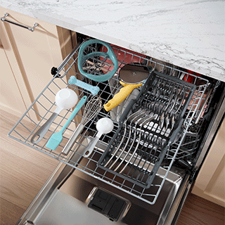 The third rack is pulled out of the dishwasher to show various unique items and the removable silverware caddy.