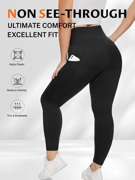 Plus Size Solid High Waist Leggings with Pocket, Summer Outfits, Casual High Stretch Skinny Pants for Women, Soft Comfortable Women's Bottoms for All Seasons