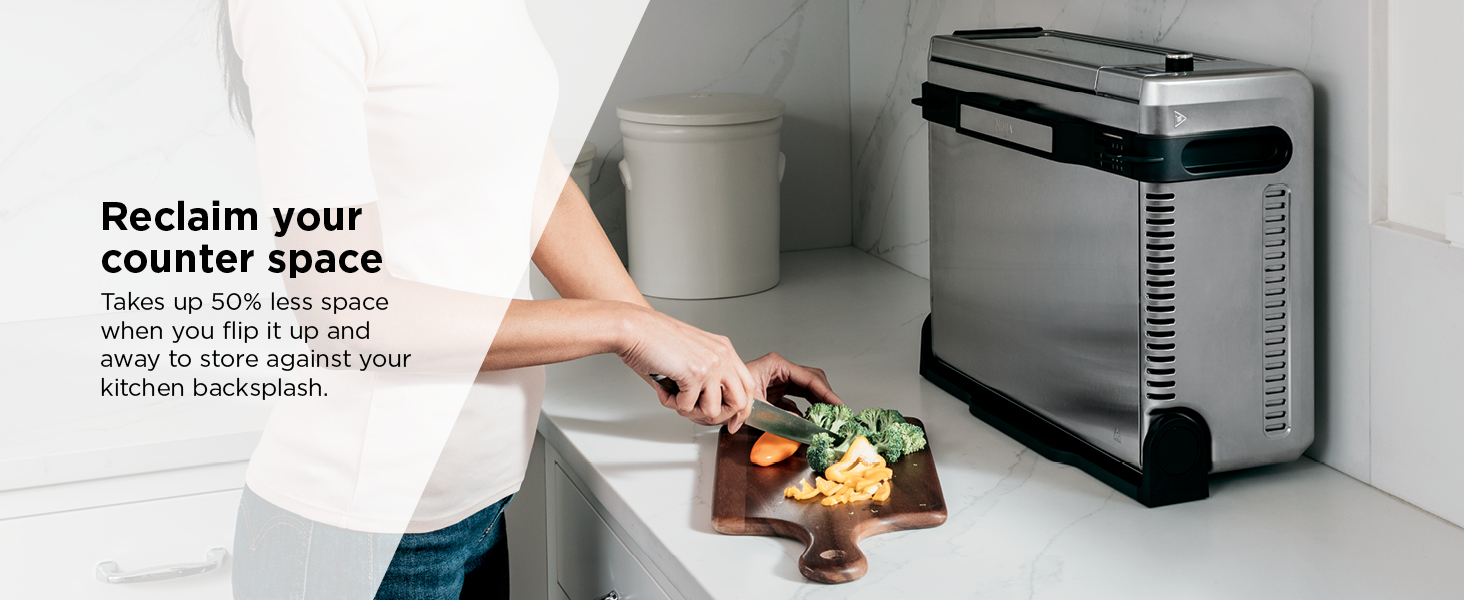 Reclaim your counter space Takes up 50% less space when you flip it up and away to store 