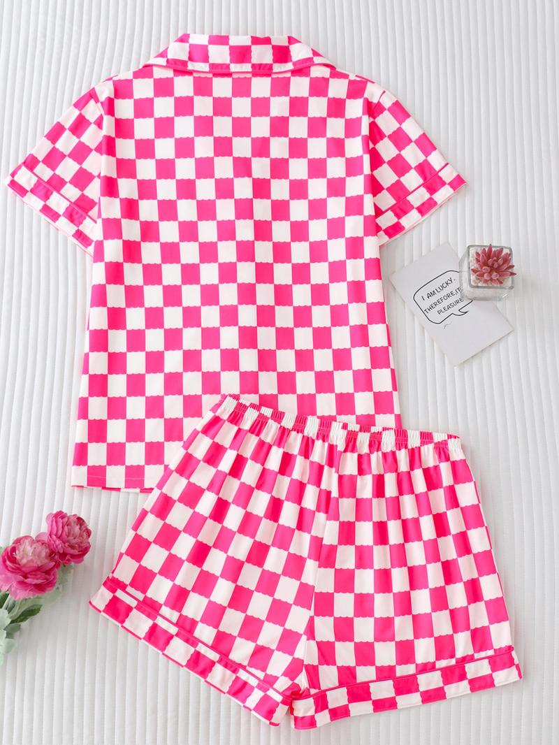 Women's Checkerboard Print Lapel Neck Pajama, Casual Comfy Short Sleeve Button Front Chest Pocket Design Top & Elastic Waist Shorts PJ Set, Ladies Summer Sleepwear