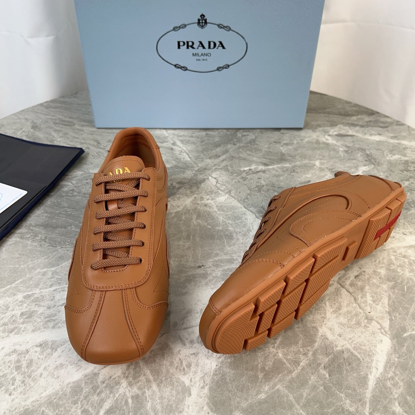PRADA 25S MONTECARLO ANTIQUED SNEAKERS IN CARAMEL NAPPA LEATHER、mysite、Cacoeks