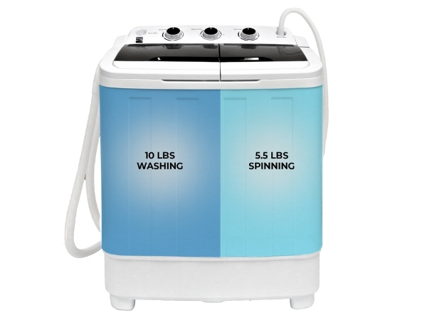 Kenmore twin tub washing machine with text overlay showing tub capacities of 10 lbs and 5.5 lbs
