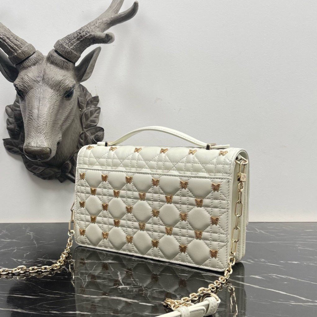 Miss Dior Mini Bag White Cannage Lambskin with Gold-Finish Butterfly Studs
