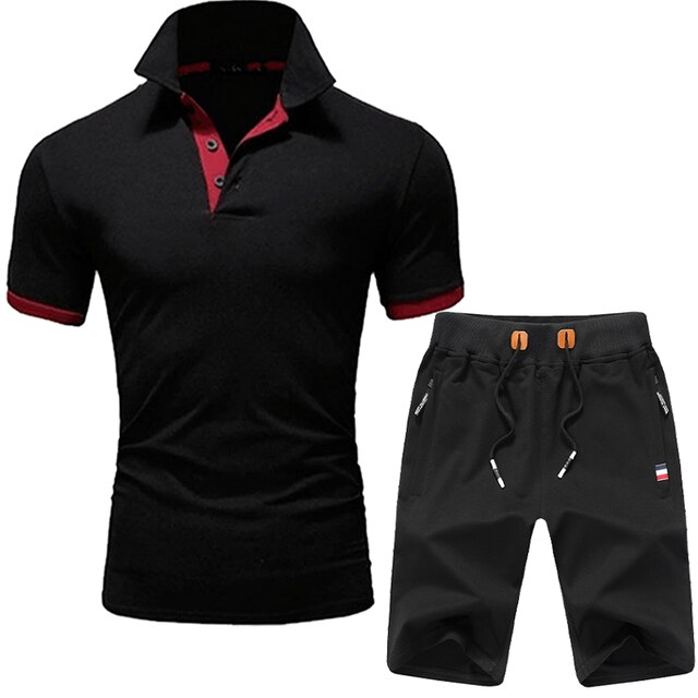 Custom LOGO Men's 2 Pieces Set Summer Patchwork Polo Shirt and Shorts Brand Trend Fashion Casual Sport Streetwear Male Tracksuit