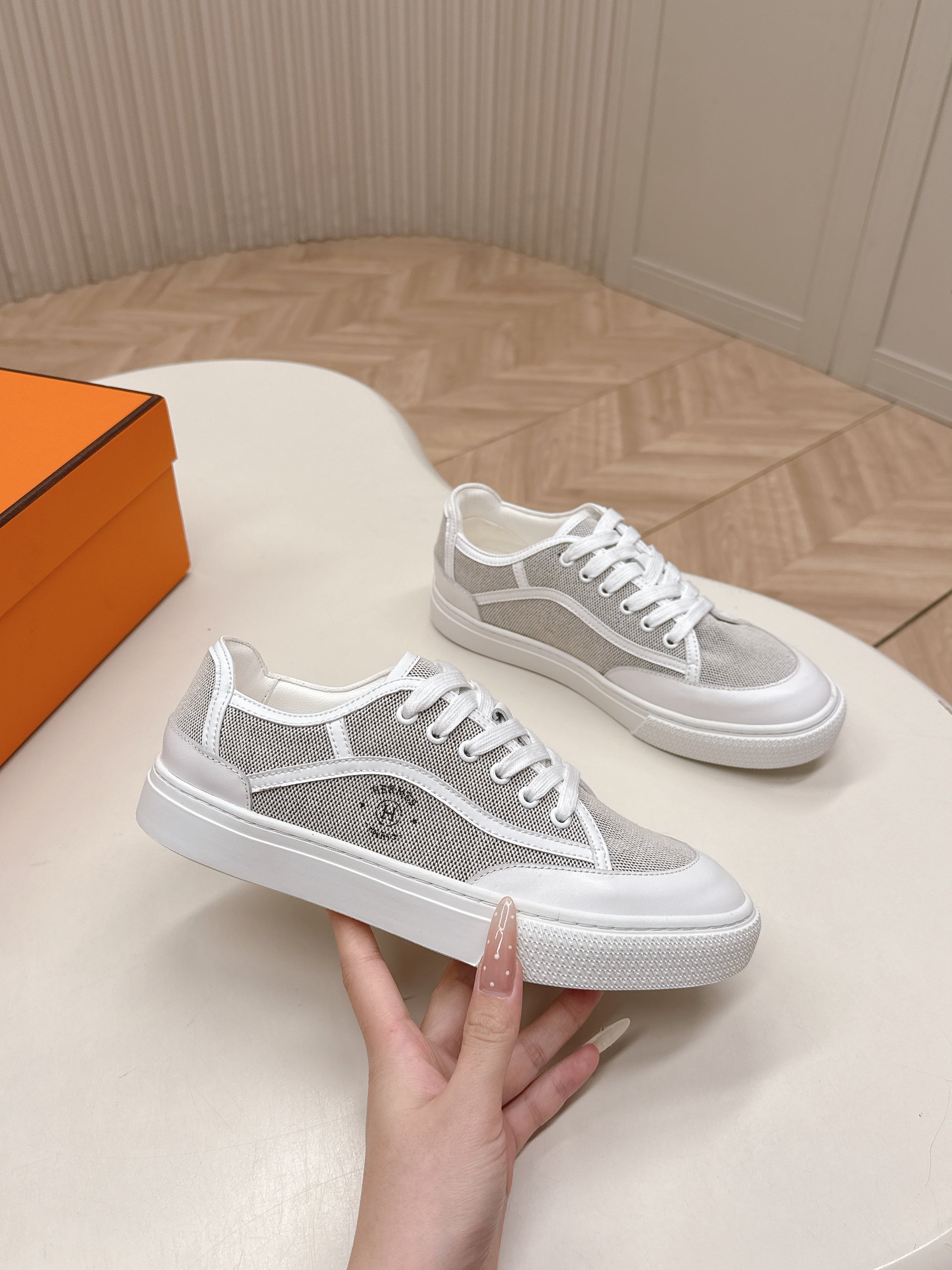 HM 25S SNEAKER LOW SPORTS IN GREY CANVAS MIX WHITE LAMBSKIN、mysite、Cacoeks