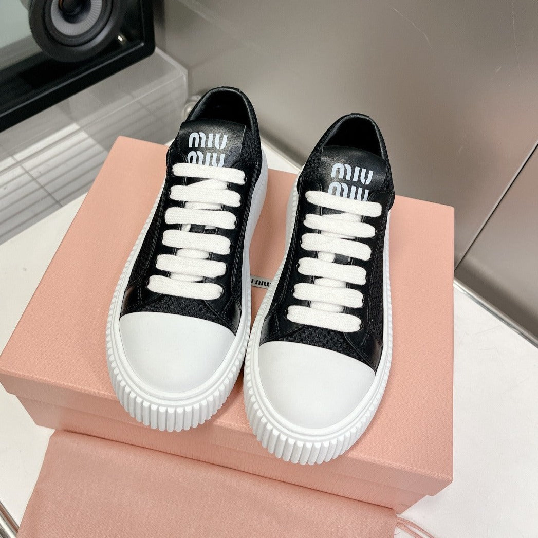 SNEAKERS THICK-SOLED BLACK MESH COWHIDE、mysite、Cacoeks