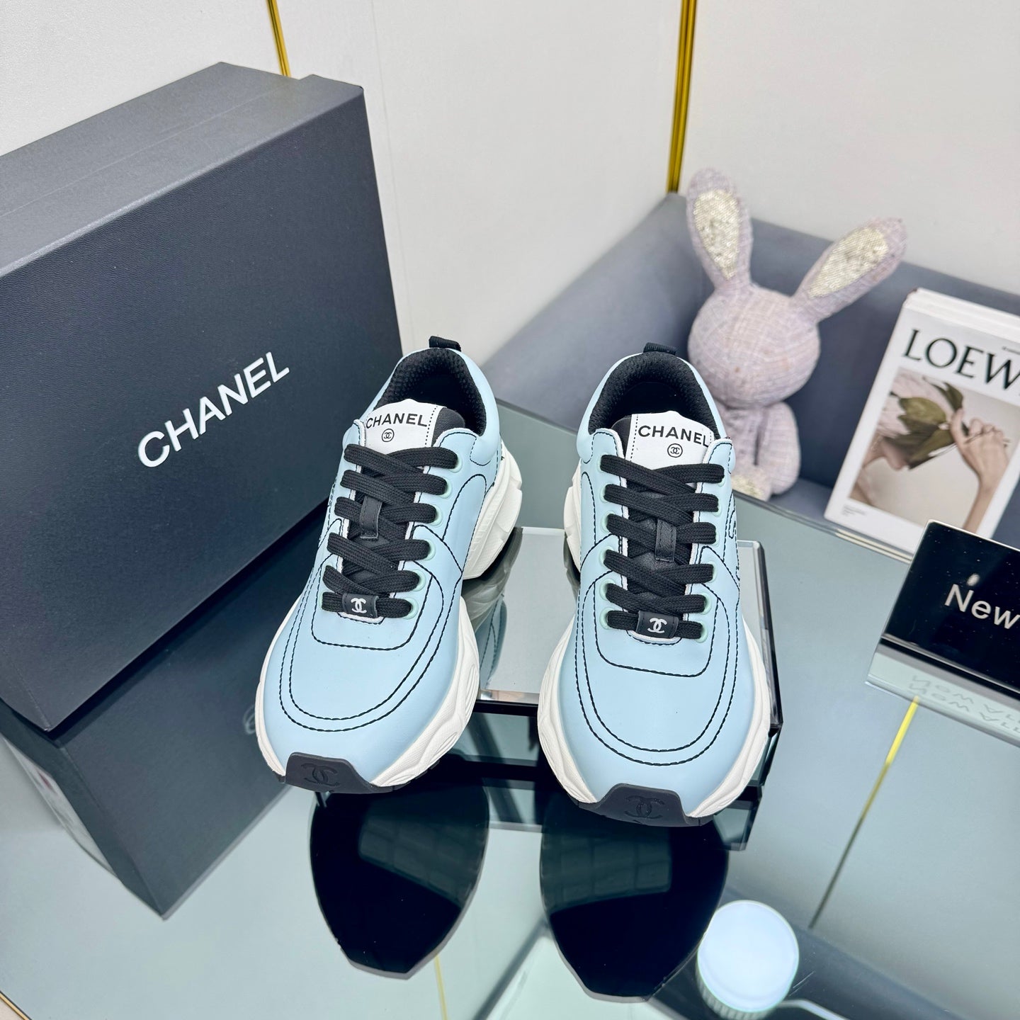 TRAINERS SNEAKER IN LIGHT BLUE CALFSKIN WITH BLACK EMBROIDERED、mysite、Cacoeks