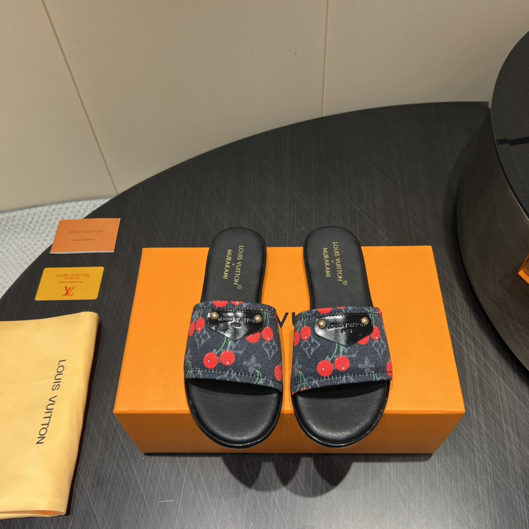 LV SLIDE SANDALS 25S IN BLACK DENIM AND CALFSKIN WITH LOGO PRINT、mysite、Cacoeks