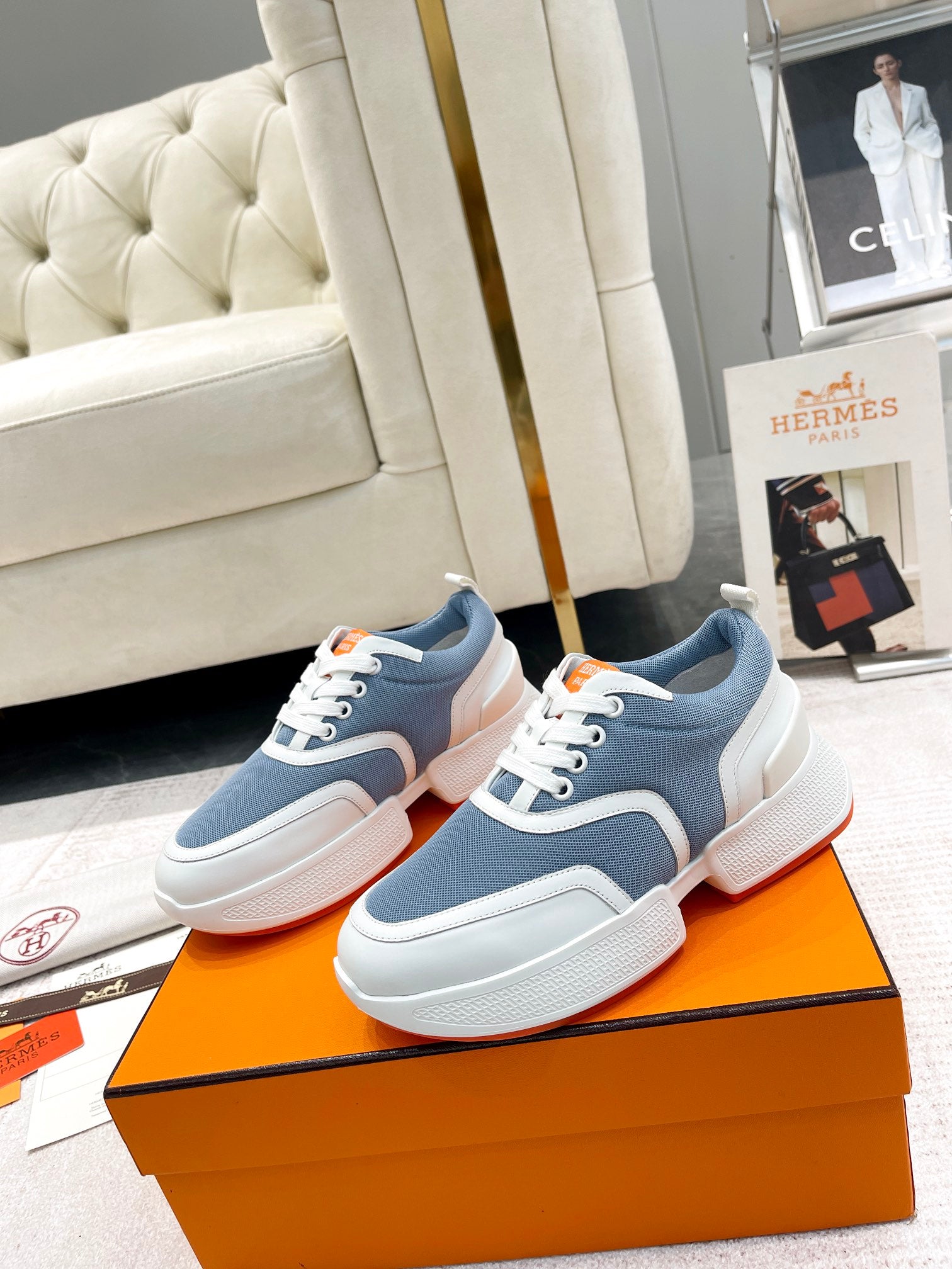 GIGA SNEAKER IN AEGEAN BLUE STITCHED MESH AND WHITE CALFSKIN、mysite、Cacoeks