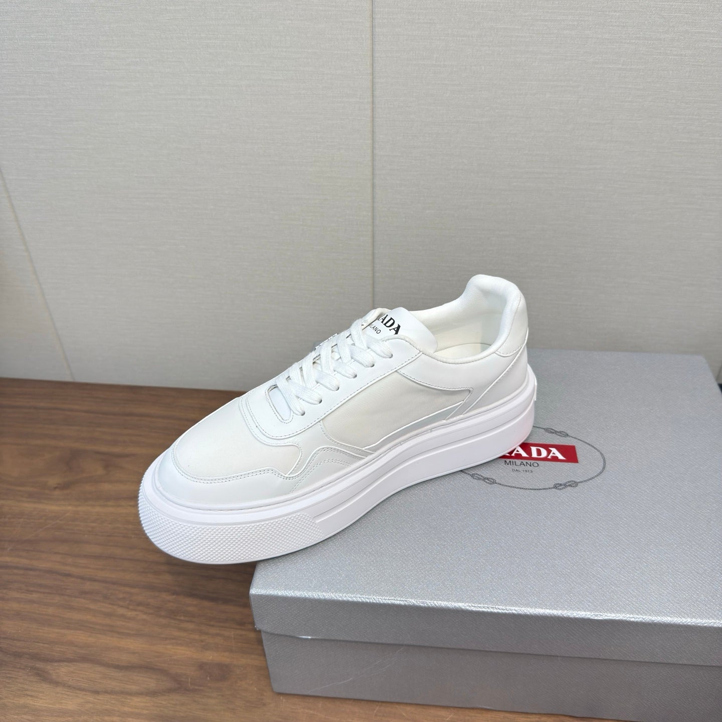 PRADA 25S DOWNTOWN BOLD SNEAKERS 45MM IN WHITE CALFSKIN、mysite、Cacoeks