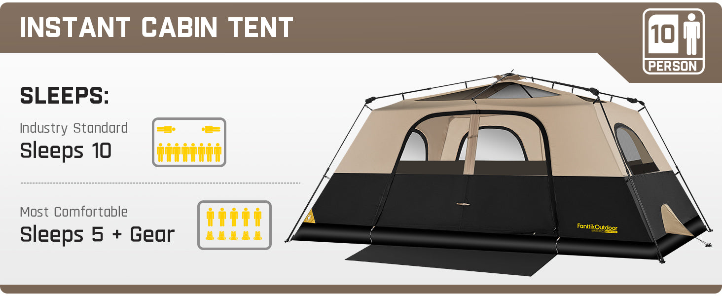 FanttikOutdoor Zeta C10 Pro Instant Cabin Tent 10 Person Camping Tent Setup in 60 Seconds with Rainfly & Windproof Tent with Carry Bag for Family Camping & Hiking, Upgraded Ventilation