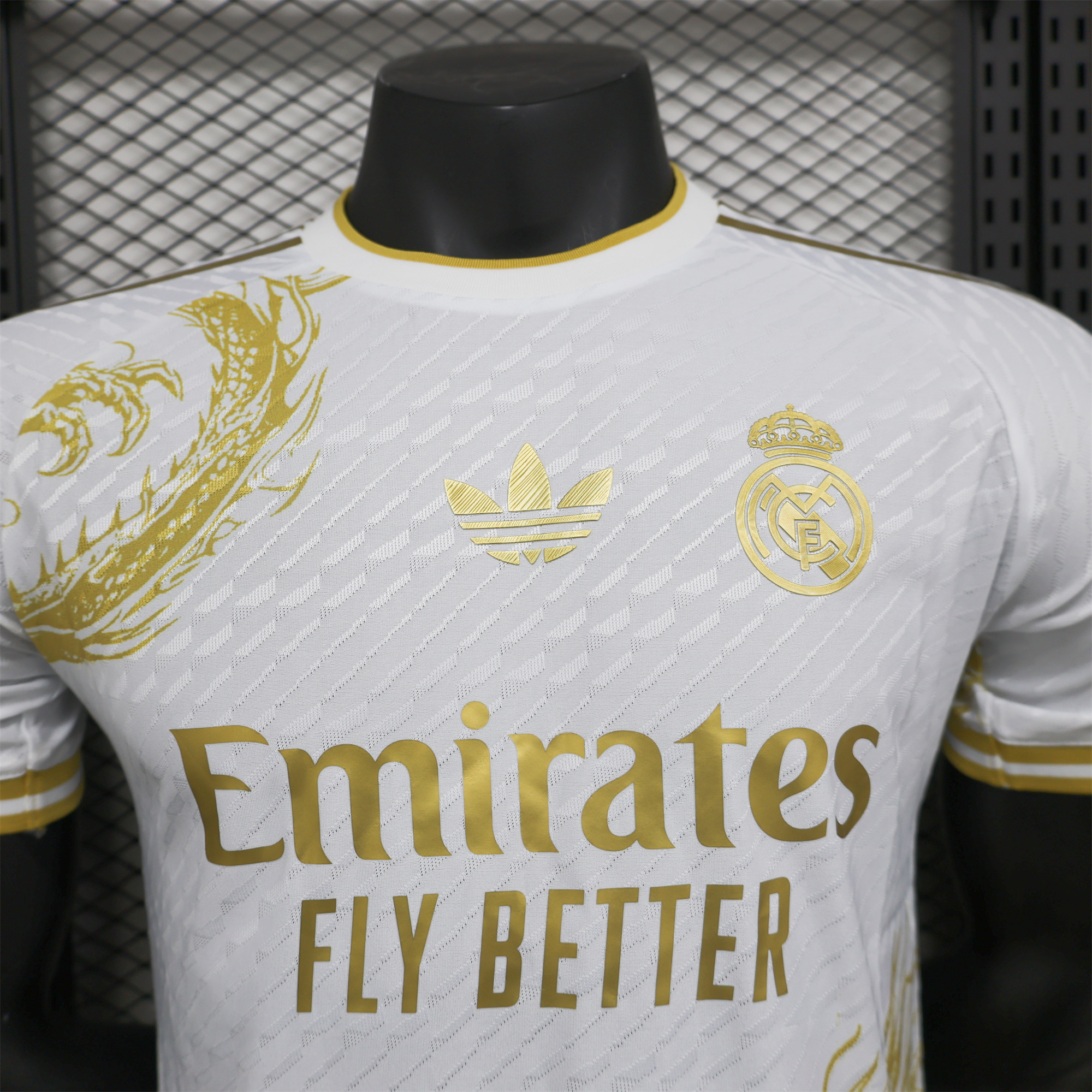 JerseysGala.com | Real Madrid 24-25 Gold Dragons Pattern White Special Edition Jersey - Player Version -Customize Name, Number and Patch | Worldwide Shipping