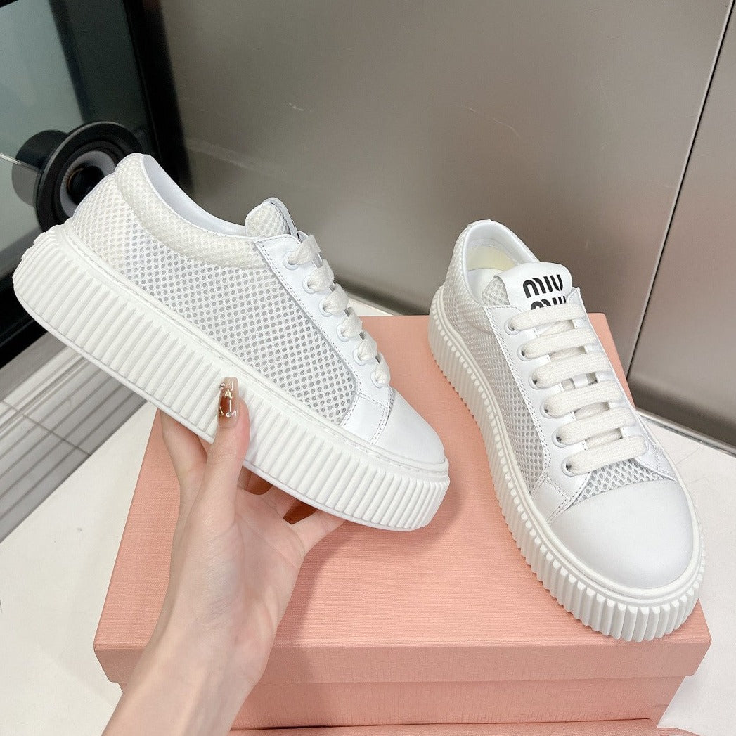 SNEAKERS THICK-SOLED LIGHT GRAY MESH COWHIDE、mysite、Cacoeks