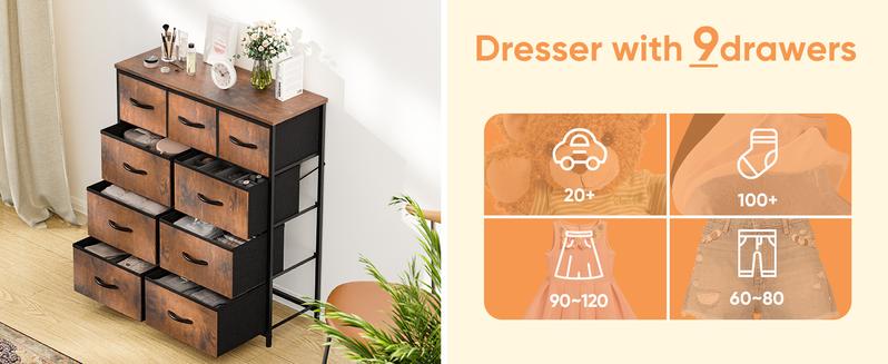 Product Introduction of Cupboards Cabinets Dresser - with 9 Drawers, Bedroom Organizer, Steel Frame and Wood Top for Bedroom, Closet, Entryway 2