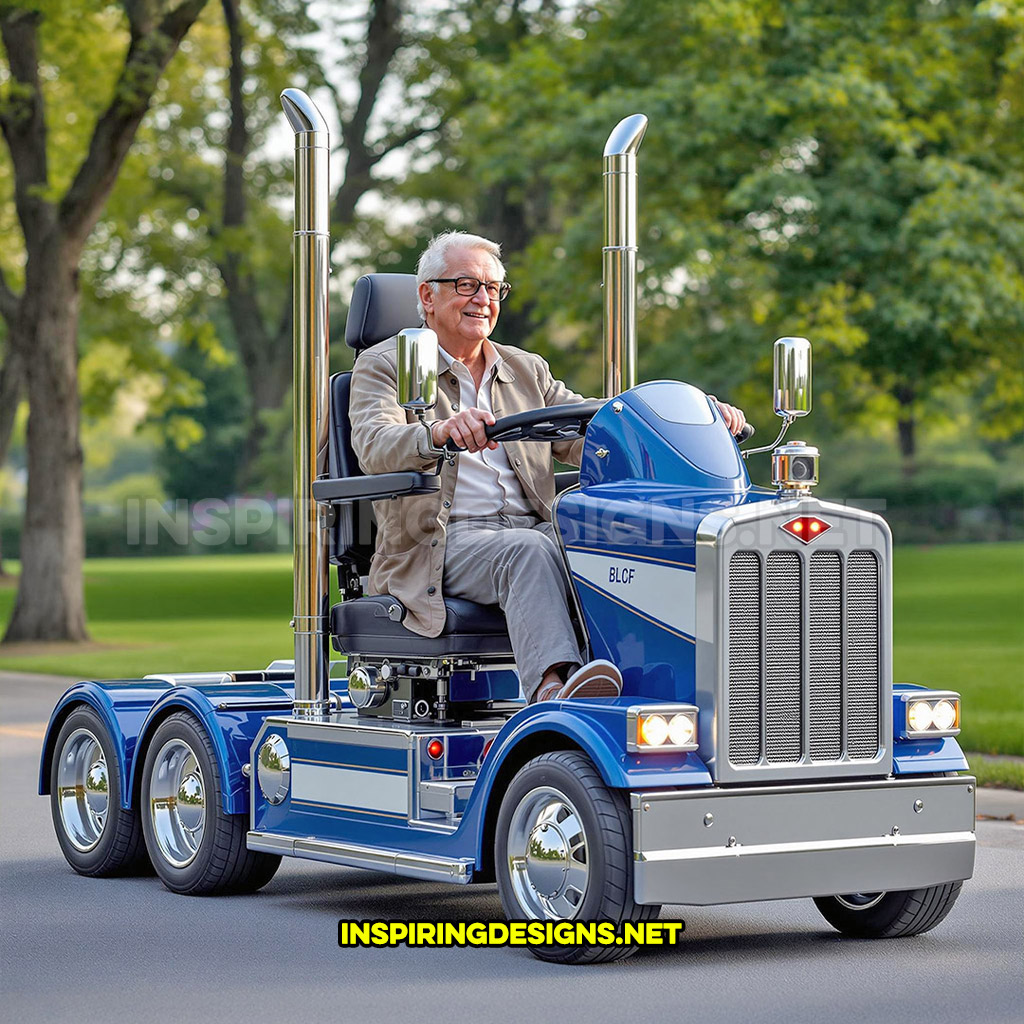 semi-truck shaped mobility scooter in a blue and white design