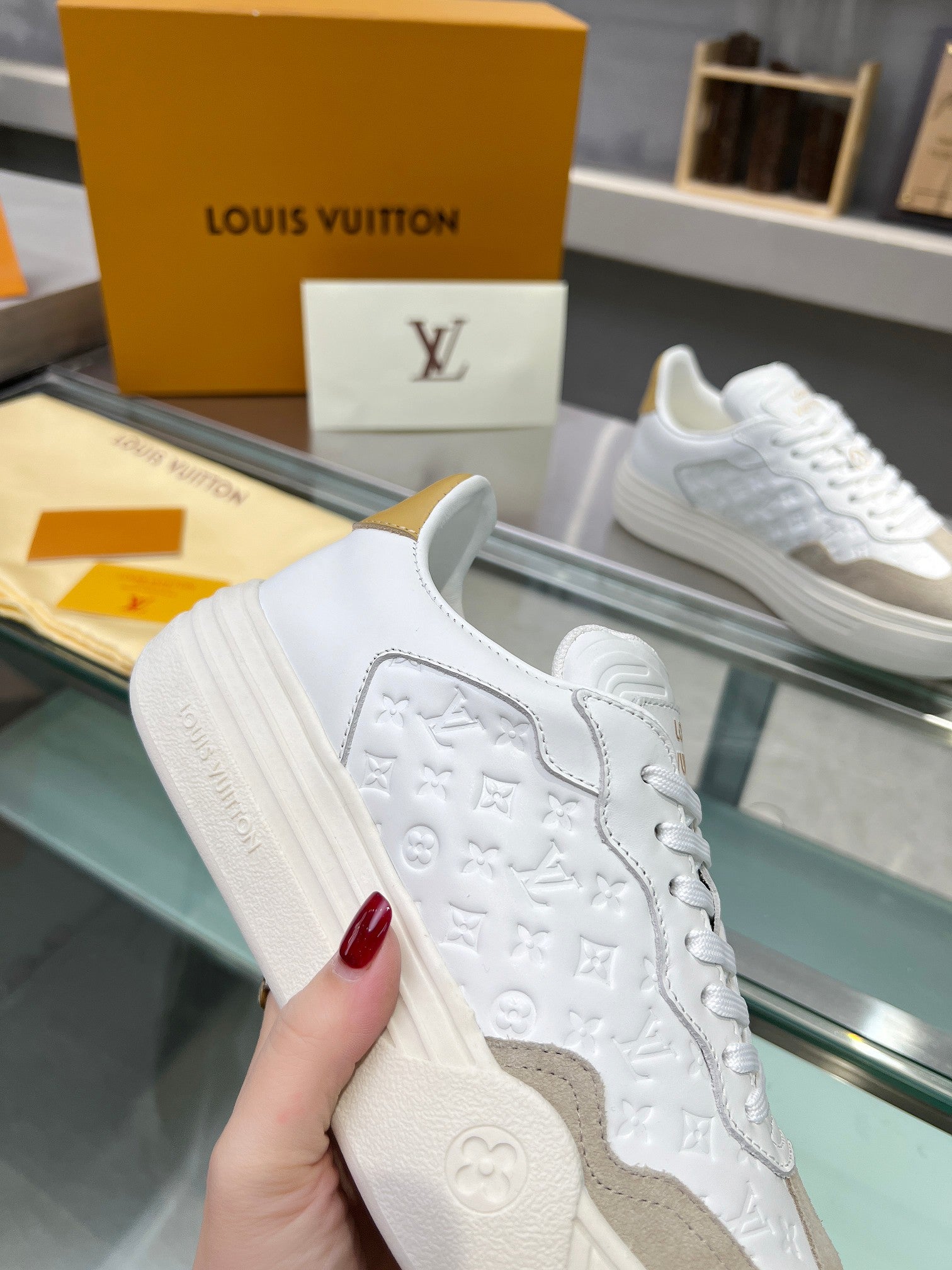 LV WOMEN GROOVY PLATFORM IN CAMEL BROWN SUEDE MIX WHITE EMBOSSED CALFSKIN、mysite、Cacoeks