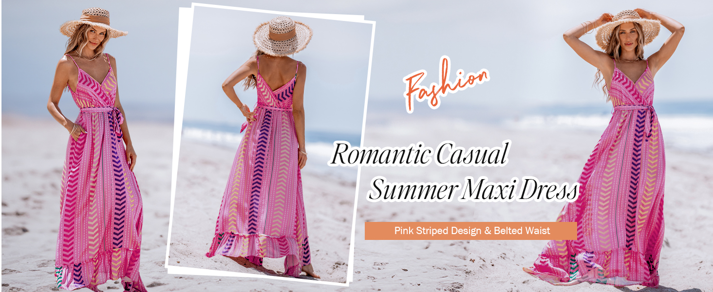 Pink v neck striped romantic wedding guest dresses for women