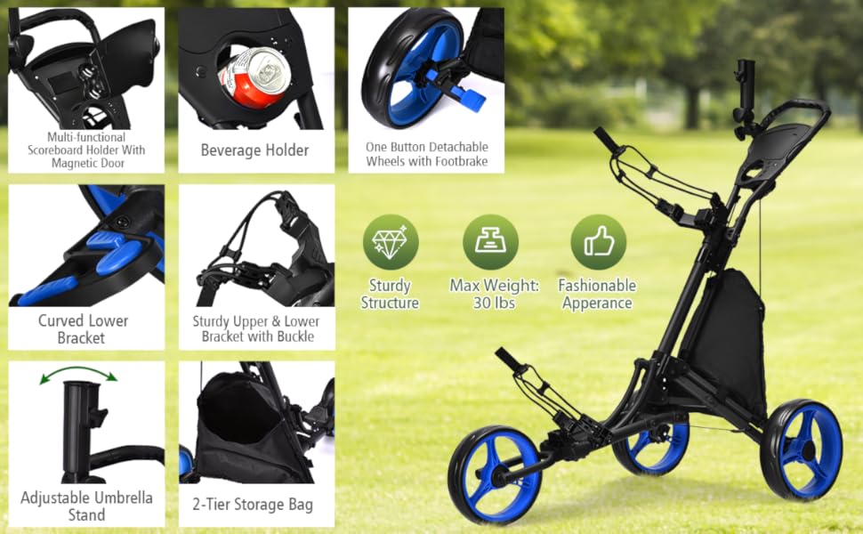 3 wheels golf push cart