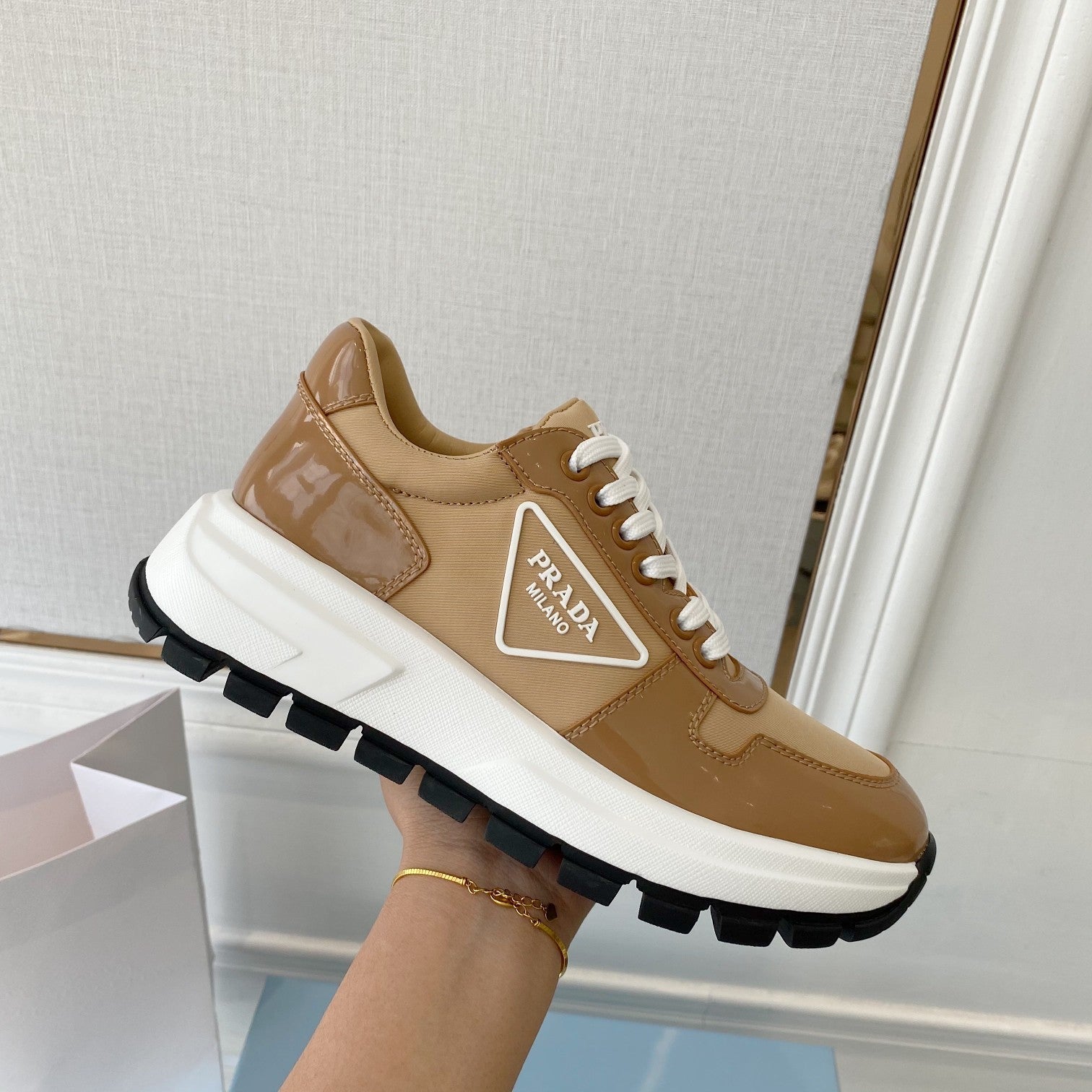 PRADA 25S THICK SOLE SNEAKER IN BROWN CALFSKIN AND CANVAS、mysite、Cacoeks
