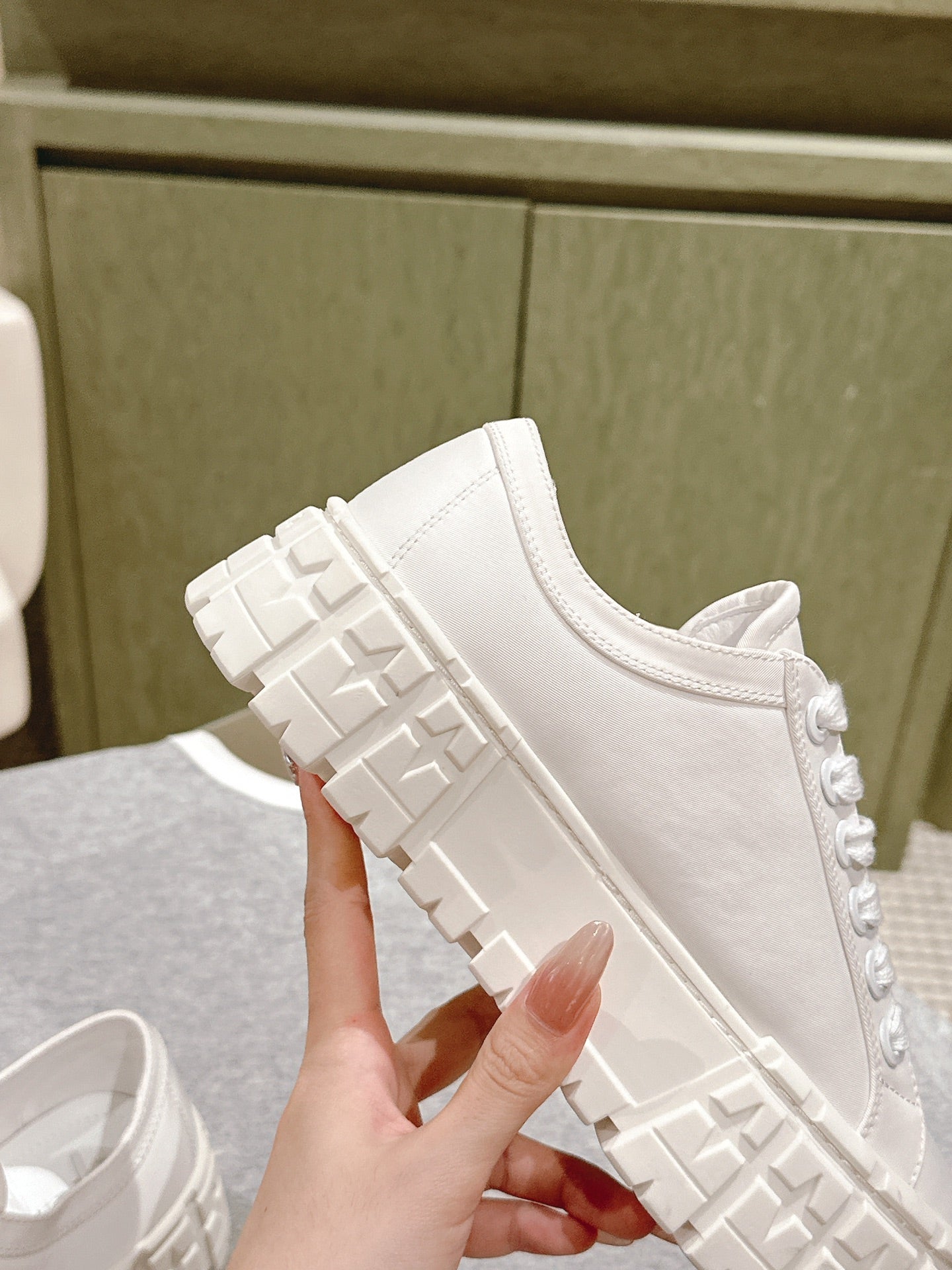 PRA DOUBLE WHEEL RE-NYLON GABARDINE SNEAKERS WHITE CALFSKIN、mysite、Cacoeks