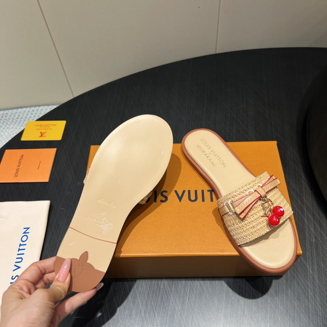 LV SLIDE SANDALS 25S IN BEIGE RAFFIA AND CALFSKIN WITH CHERRY BLOSSOM BUCKLE、mysite、Cacoeks