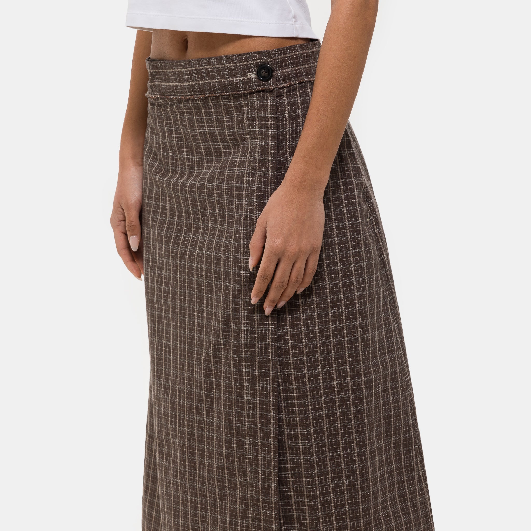 Classic Wrap Skirt in Brown Linen Check
