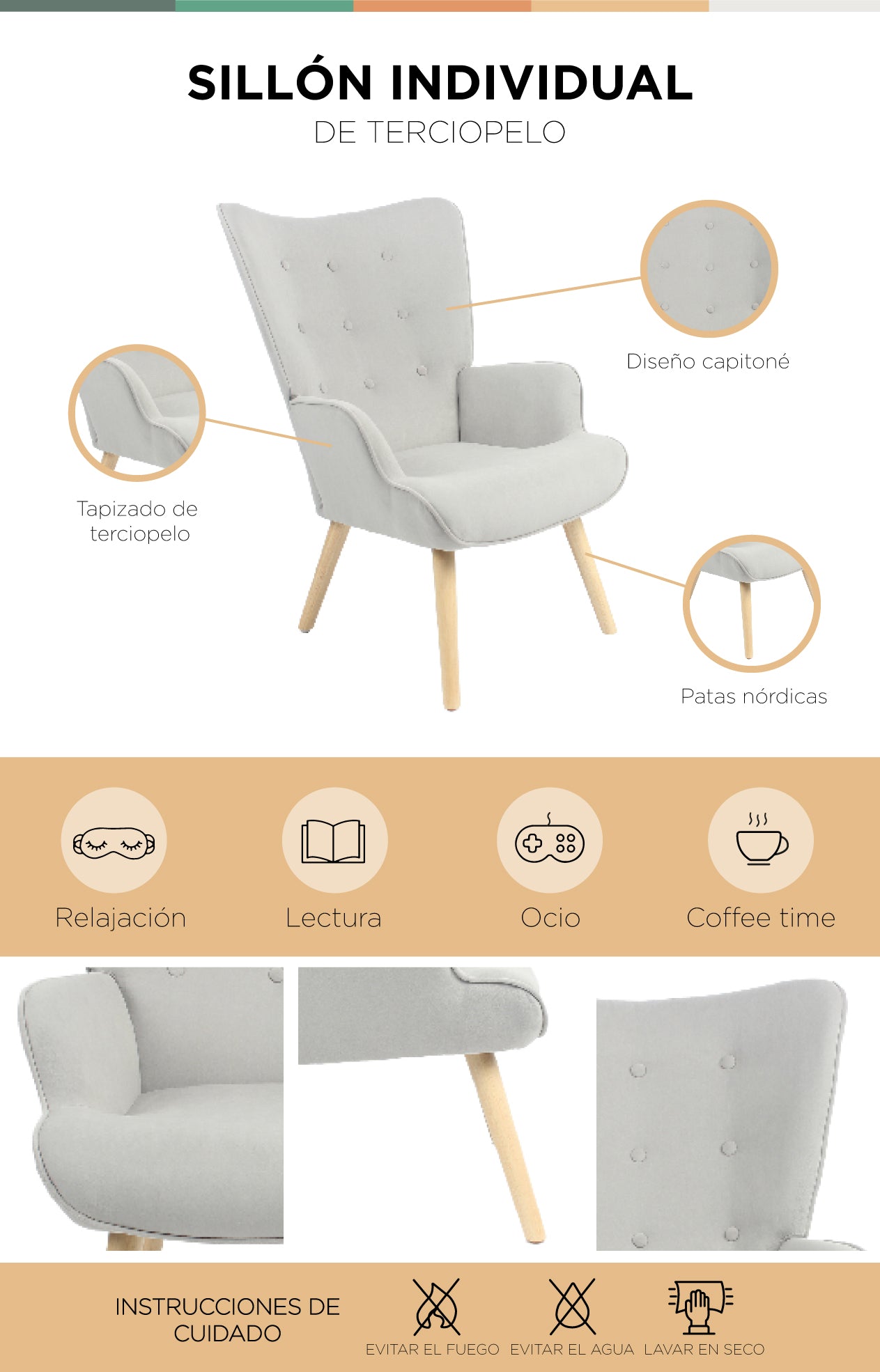 Sillón Individual para Sala Comedor Terciopelo Gris
