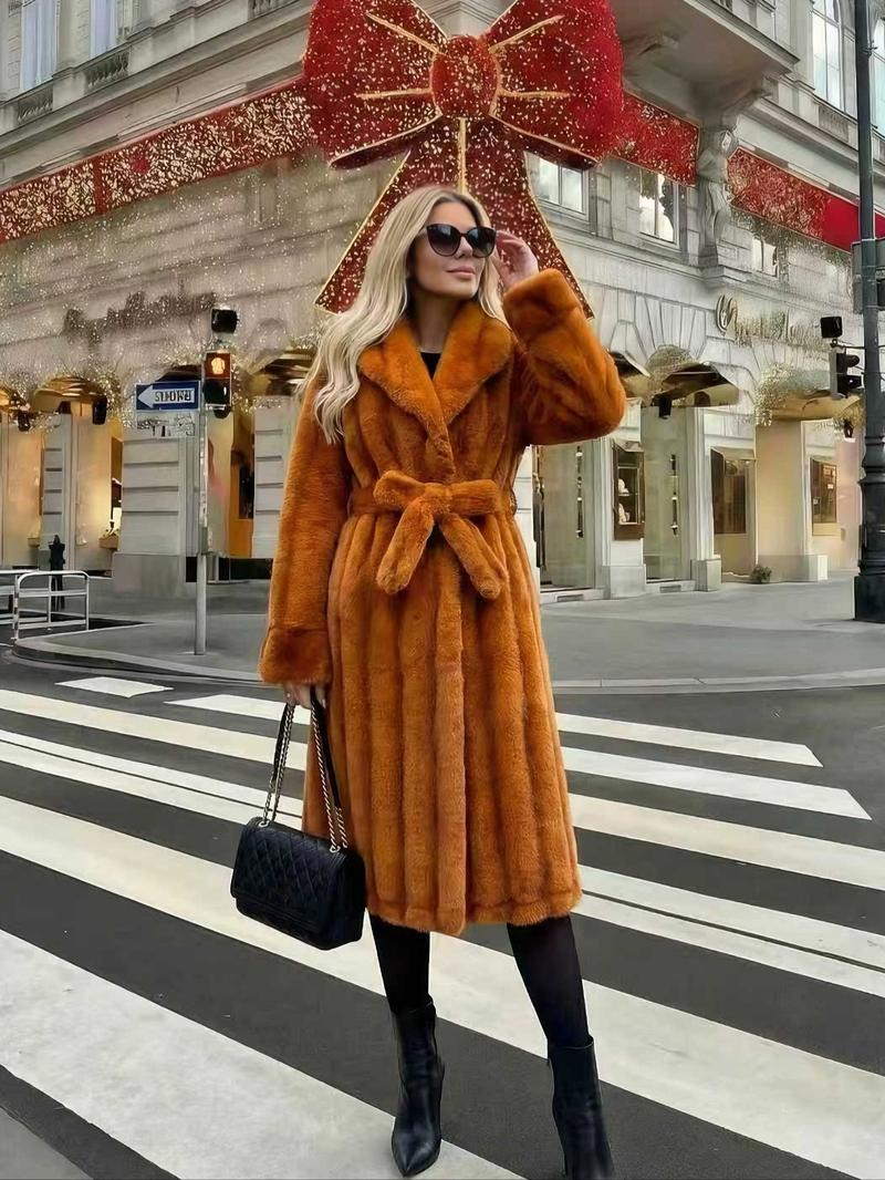 Women's Faux Fur Coat, Autumn Winter Fashionable Long Sleeve Jacket, Elegant Thick Retro Loose Fit Medium-Length Outerwear