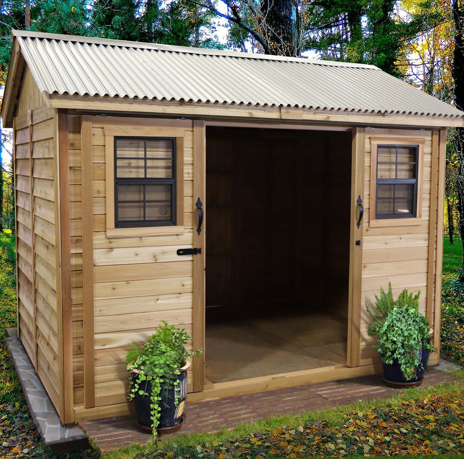 Outdoor Living Today 12x8 Cabana Garden Shed with metal roof and sliding barn-style doors.