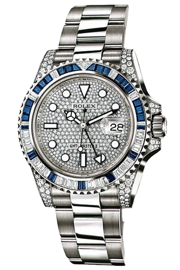 Rolex GMT-Master II Full Pavé Diamond Super Clone Swiss Replica Watch Ref 116759SA-78209 White Gold Case & Bracelet