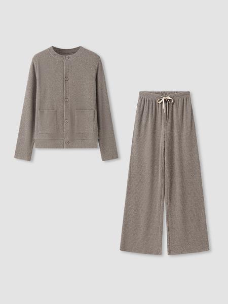Women's Casual Comfortable Round Neck Long Sleeve Knit Sweater Set, High Waist Versatile Wide Leg Pants, Perfect for Daily Wear