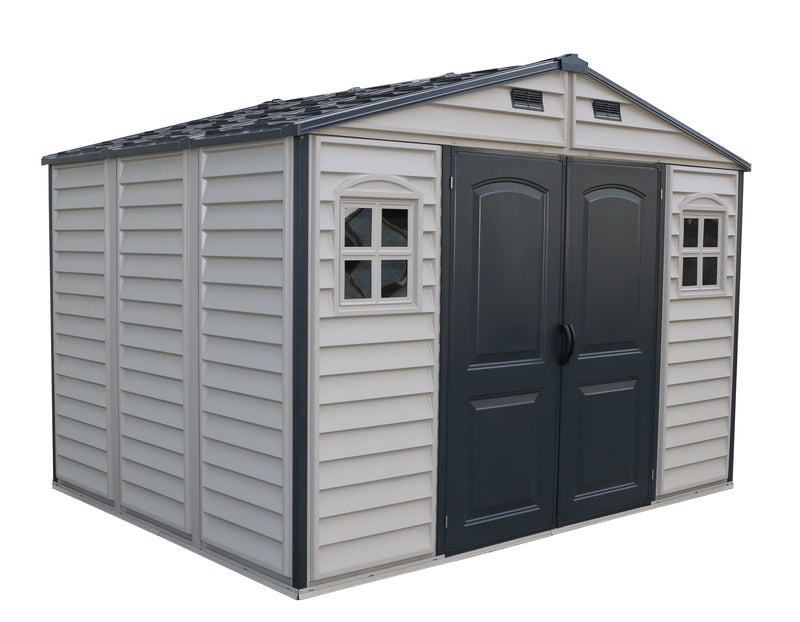 Left side view of Duramax WoodSide Plus shed with clear visibility of side panel design.
