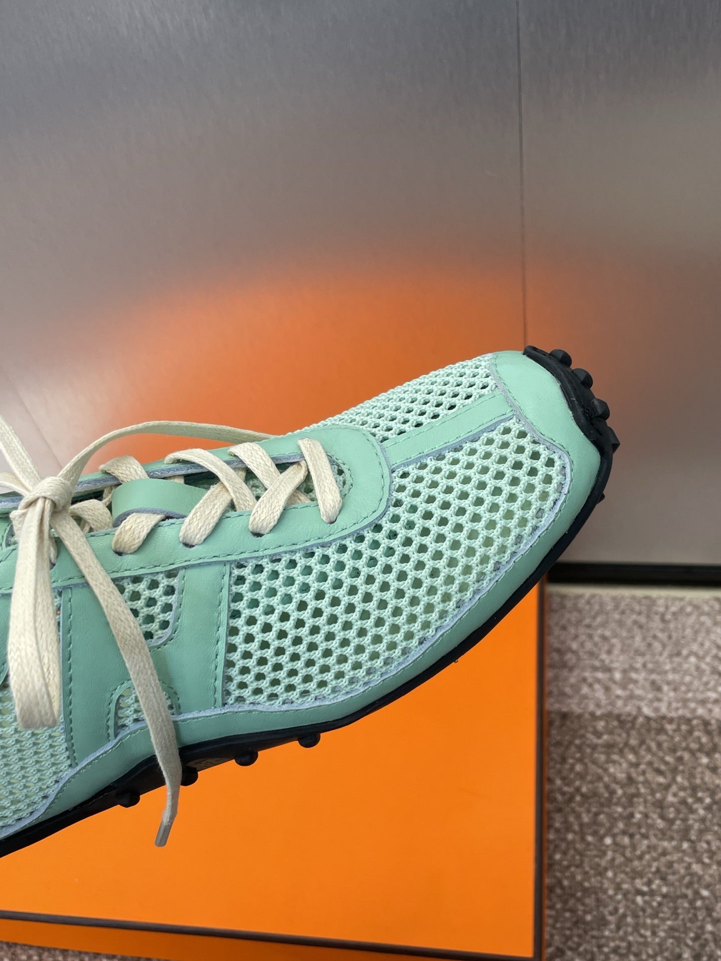 KIGA SNEAKER IN GREEN MINT CROCHET KNIT AND CALFSKIN、mysite、Cacoeks